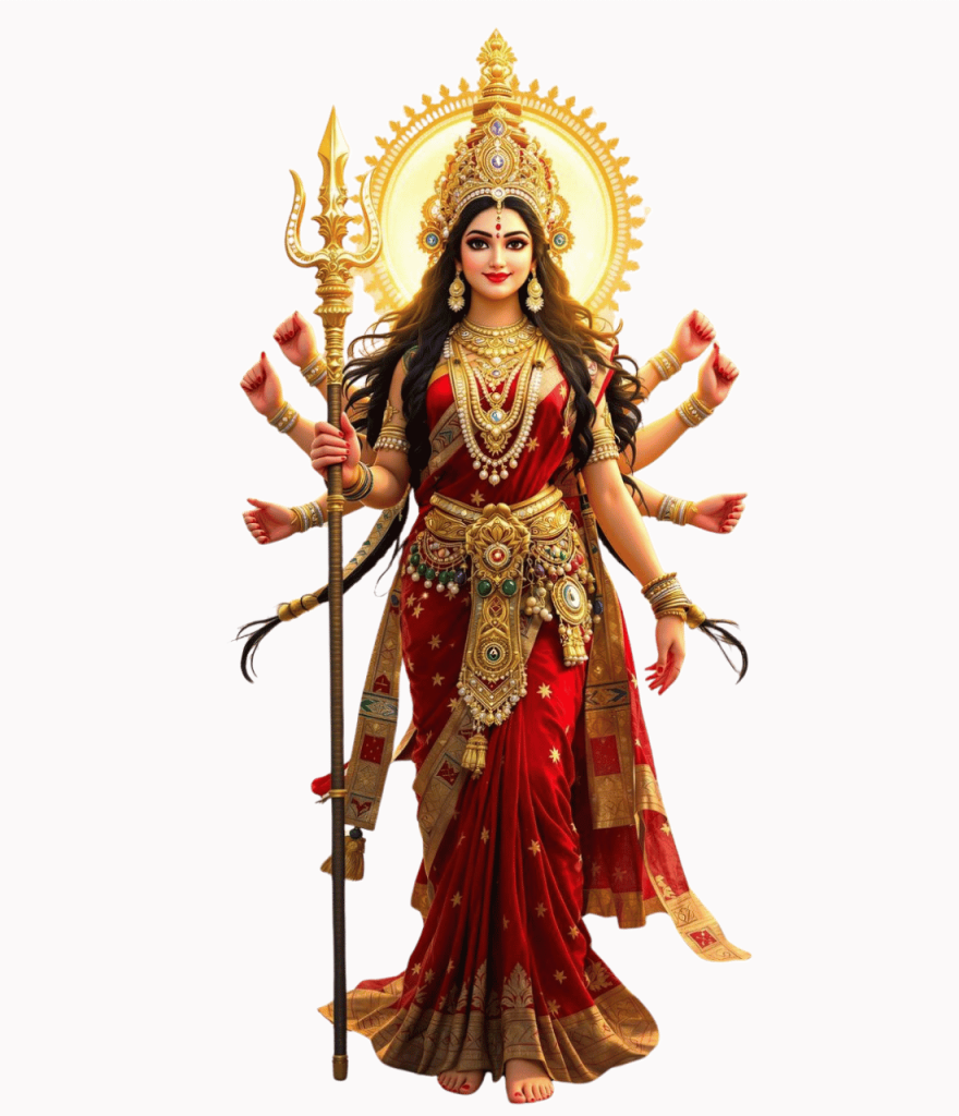 Jai Maa Durga PNG image in red saree holding golden trishul with divine ornaments