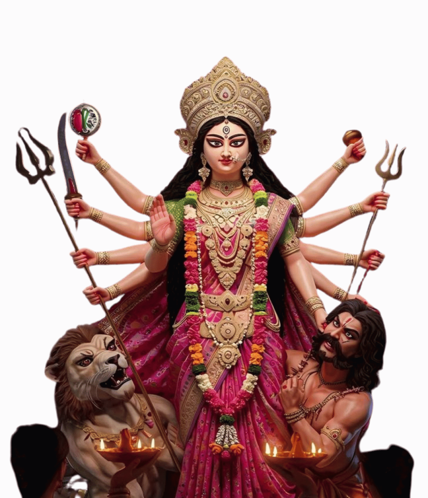 Jai Maa Durga PNG transparent image with lion and demon in pink saree HD