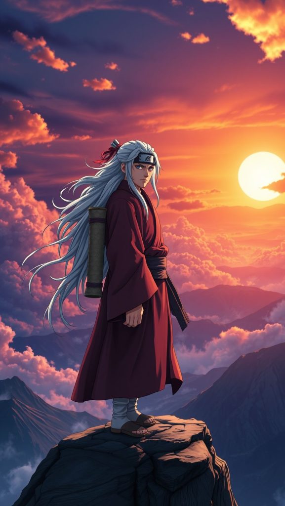 Jiraiya standing on cliff at sunset in Naruto anime wallpaper background