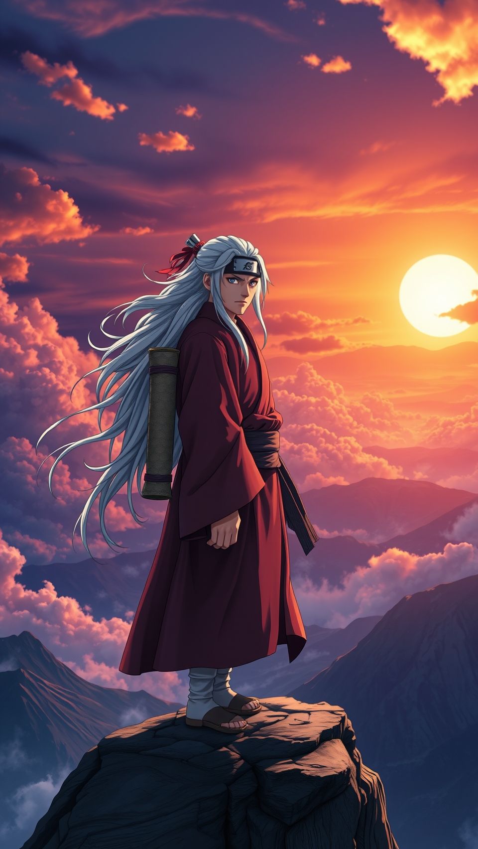 Jiraiya standing on cliff at sunset in Naruto anime wallpaper background