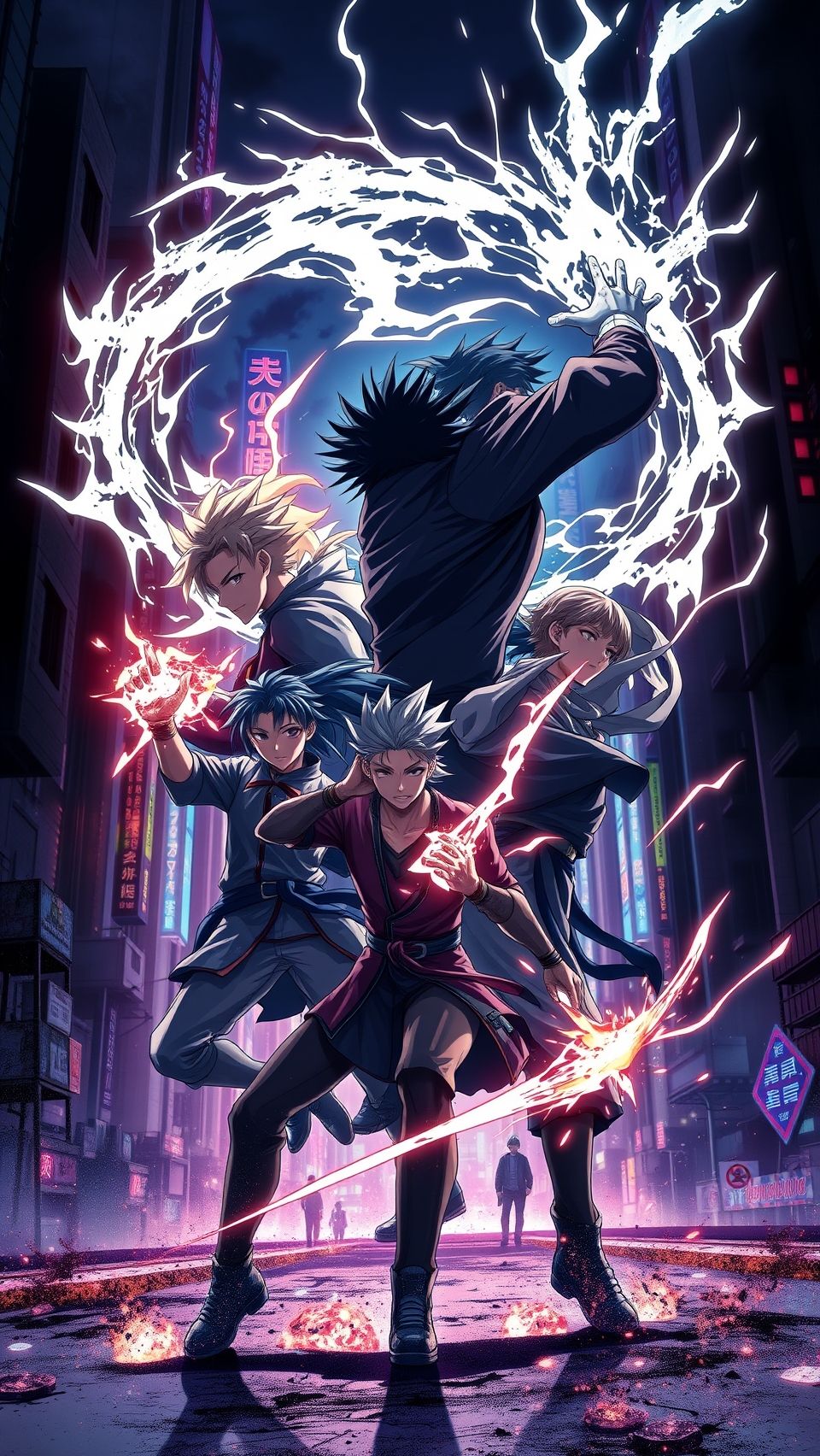 Jujutsu Kaisen anime characters battling in the city with energy blasts.