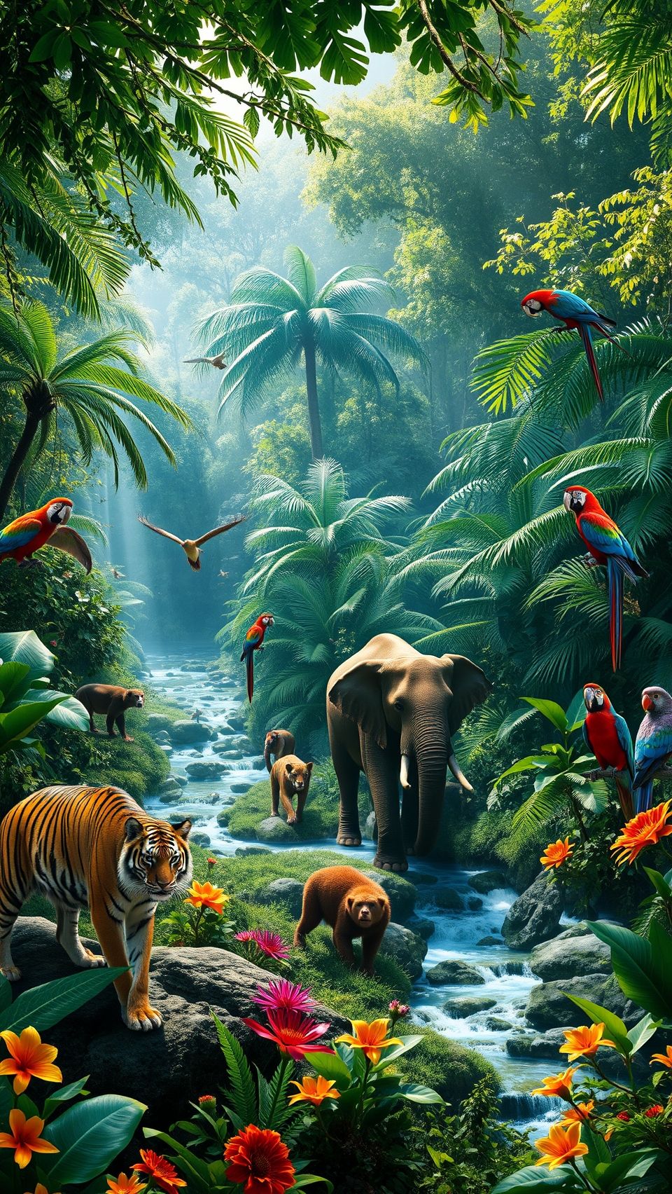 Lush jungle landscape with elephants, tigers, monkeys, colorful parrots, and vibrant flowers.