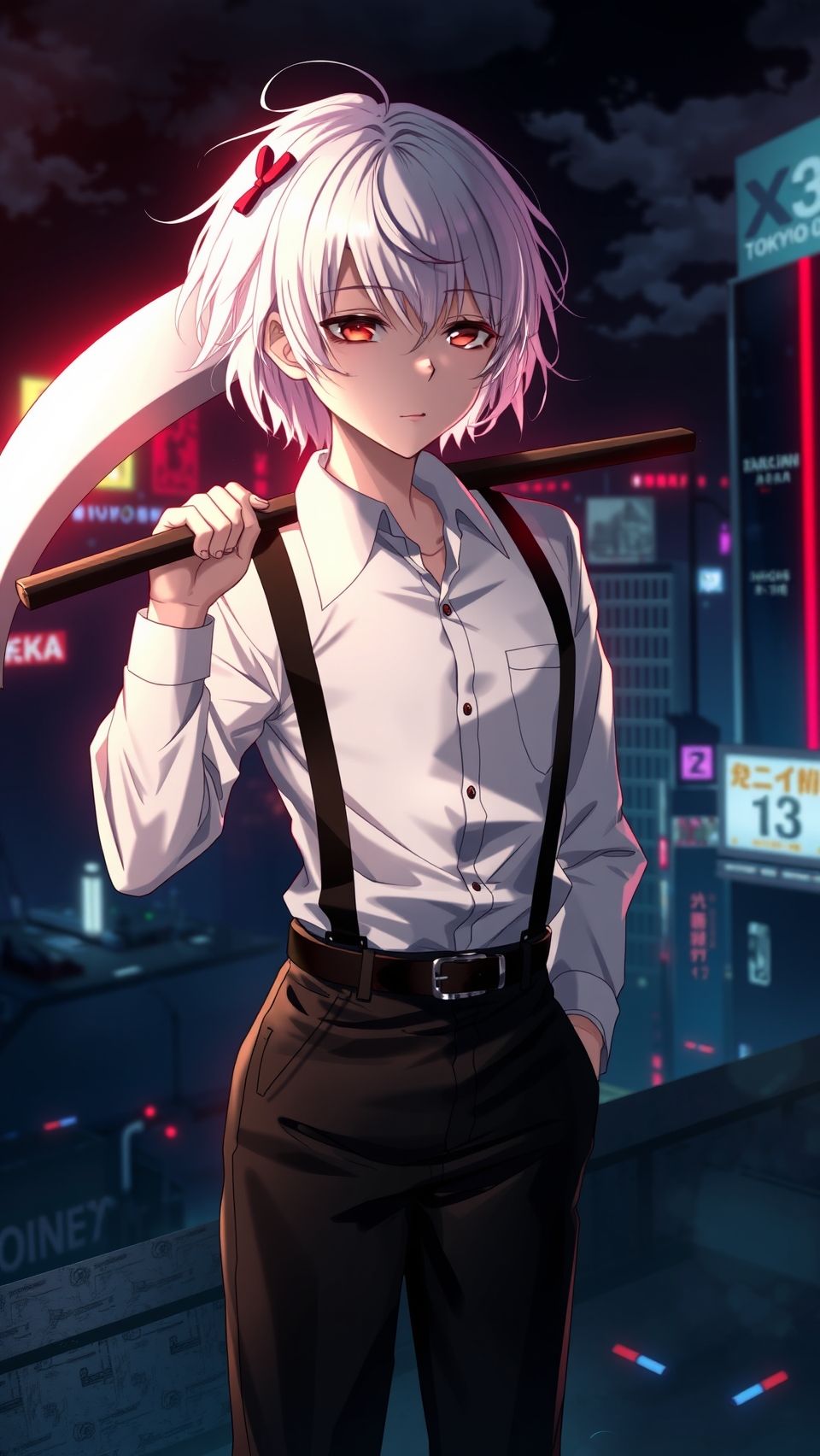 Juuzou Suzuya anime wallpaper holding scythe in night city Tokyo Ghoul