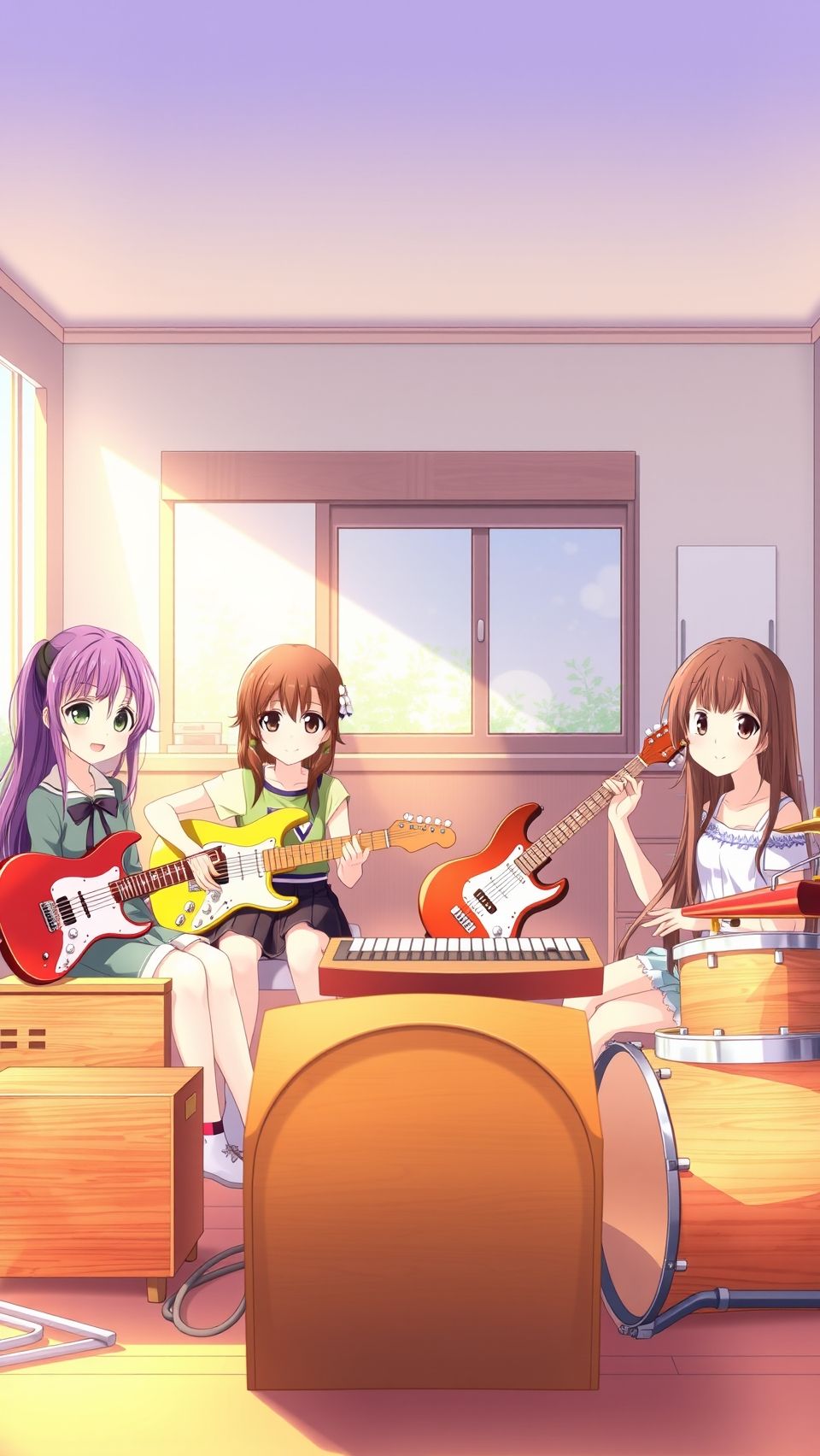 K-On anime girls playing guitar and drums together in a sunny music room