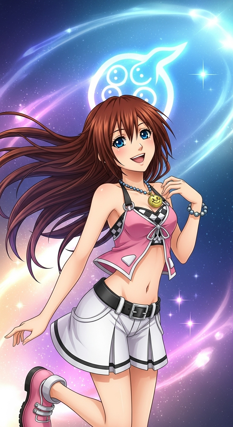 Kairi Kingdom Hearts anime wallpaper with fantasy galaxy background and glowing light effects