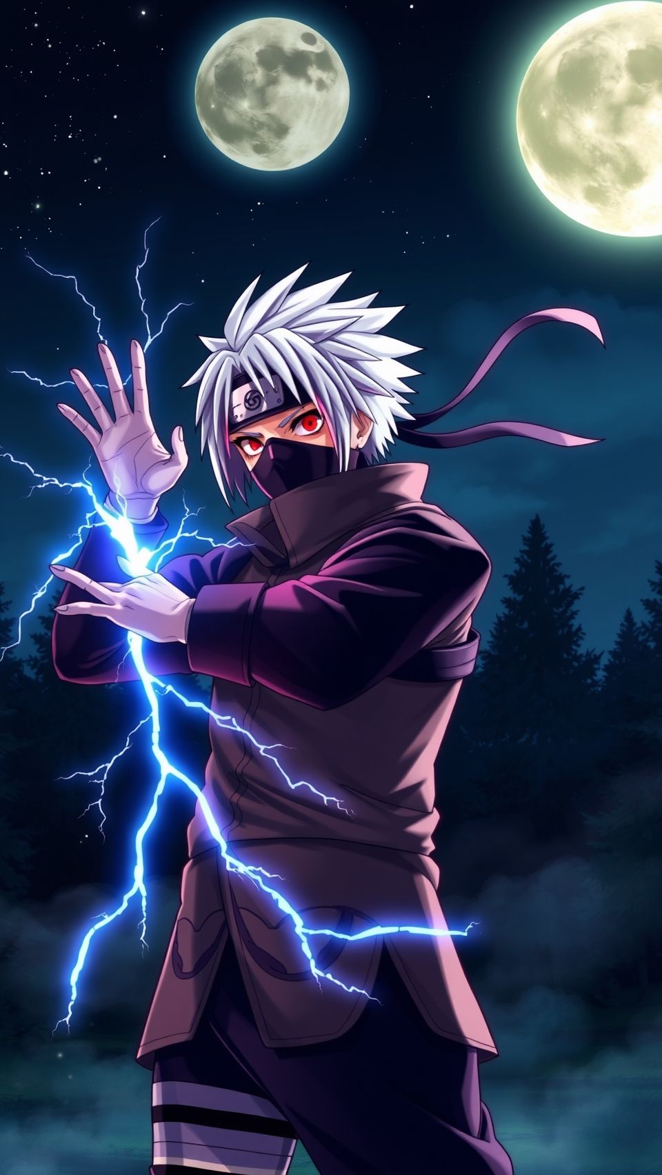 Kakashi Hatake using Chidori lightning jutsu under moonlit sky anime wallpaper