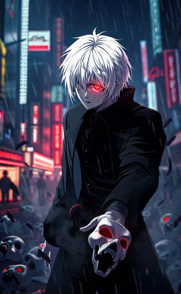 Ken Kaneki dark anime wallpaper with glowing red eye and skull mask Tokyo Ghoul