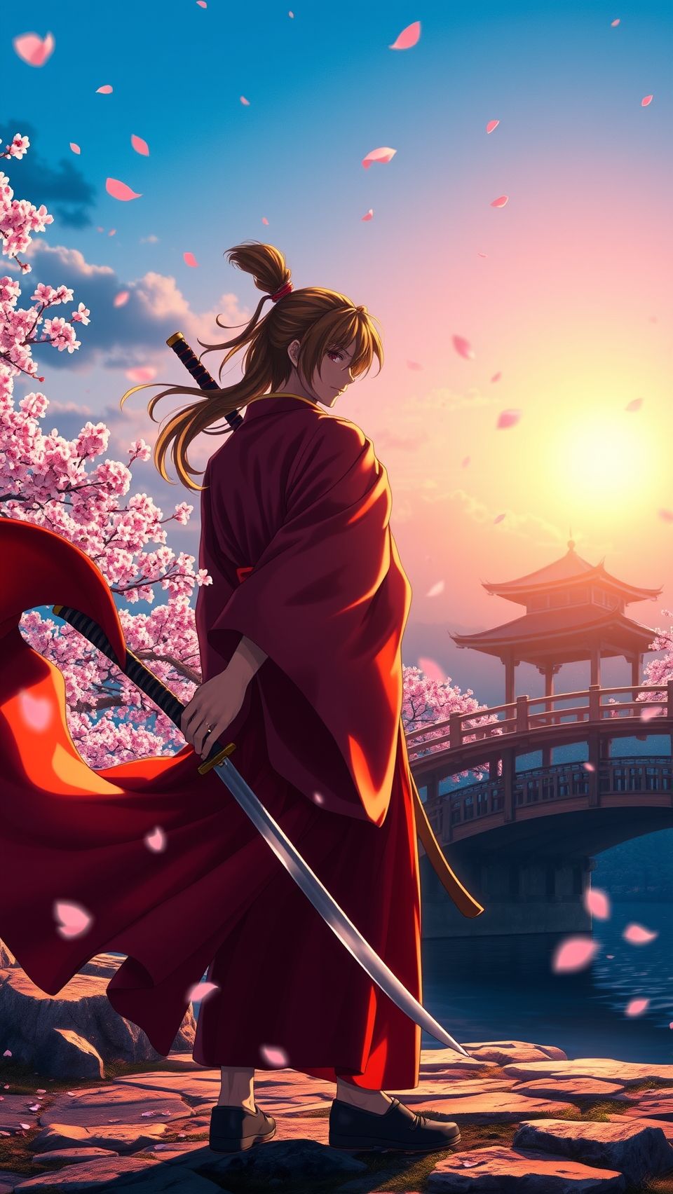 Kenshin Himura samurai wallpaper under cherry blossoms with sword and Japanese sunset bridge background