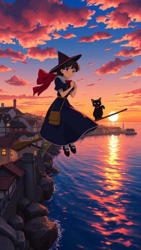 Kiki flying on broomstick with black cat at sunset over coastal town