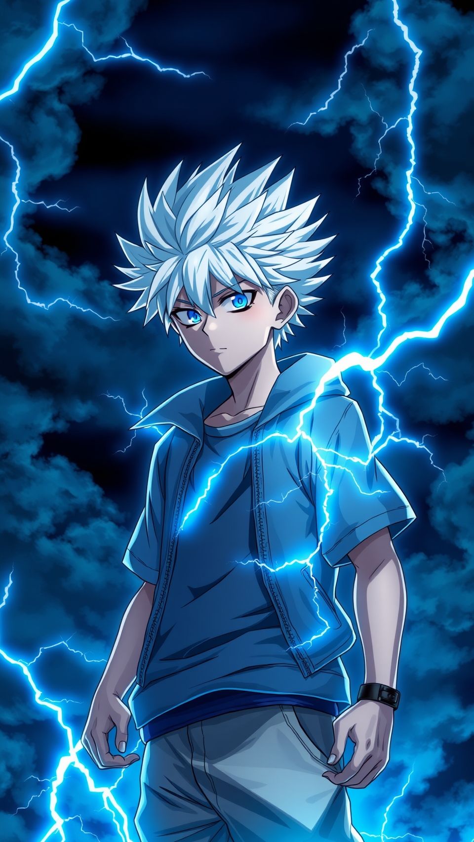 Killua Zoldyck Hunter x Hunter anime wallpaper with lightning power and glowing blue aura