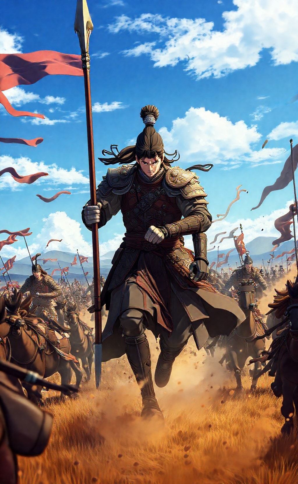 Kingdom anime scene featuring intense battle with warriors on horseback and flags