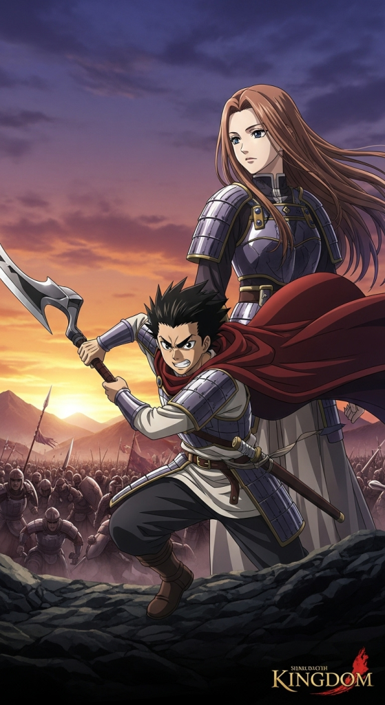 Kingdom anime wallpaper featuring a hero and heroine standing strong against a battlefield backdrop.