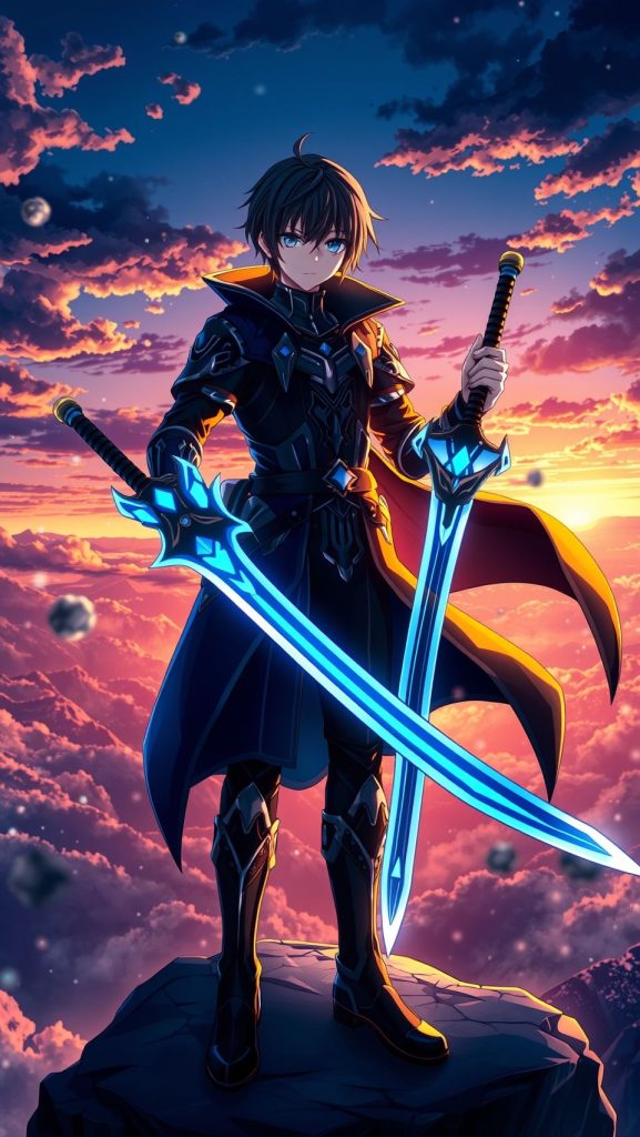 Kirito anime wallpaper standing on cliff with glowing dual swords at sunset sky