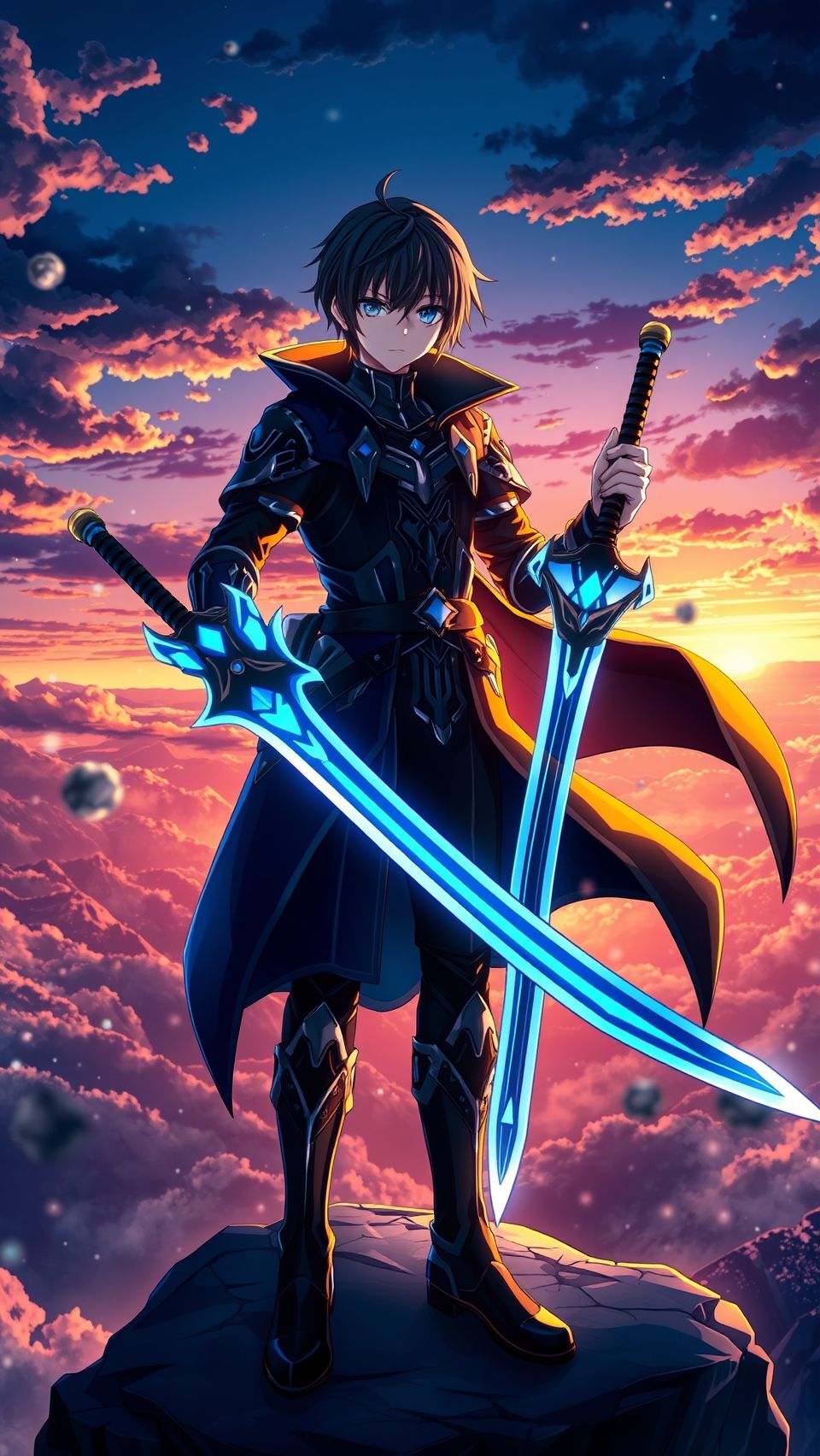 Kirito anime wallpaper standing on cliff with glowing dual swords at sunset sky