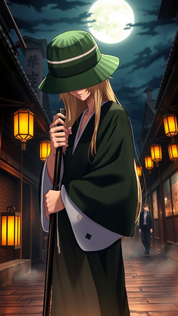 Kisuke Urahara standing under moonlight in anime-style street with glowing lanterns