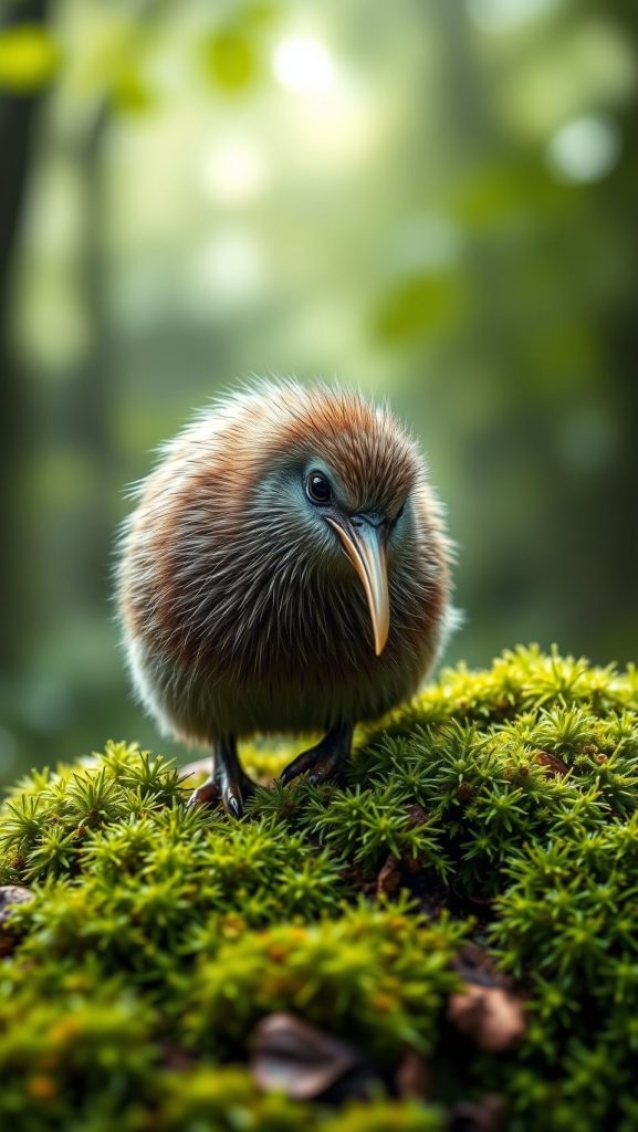 Ultra realistic kiwi bird wallpaper with detailed feathers in natural green forest background