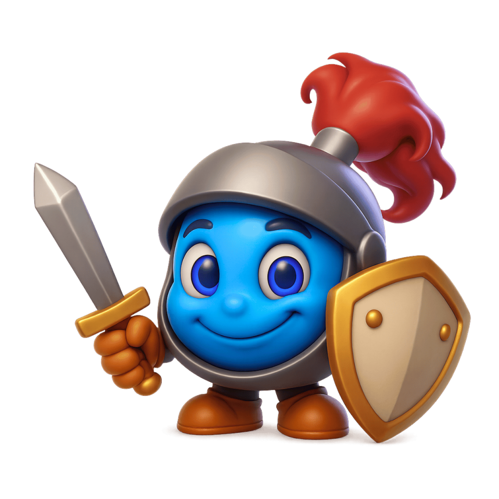 3D knight smiley emoji with blue face, holding sword and shield in armor suit