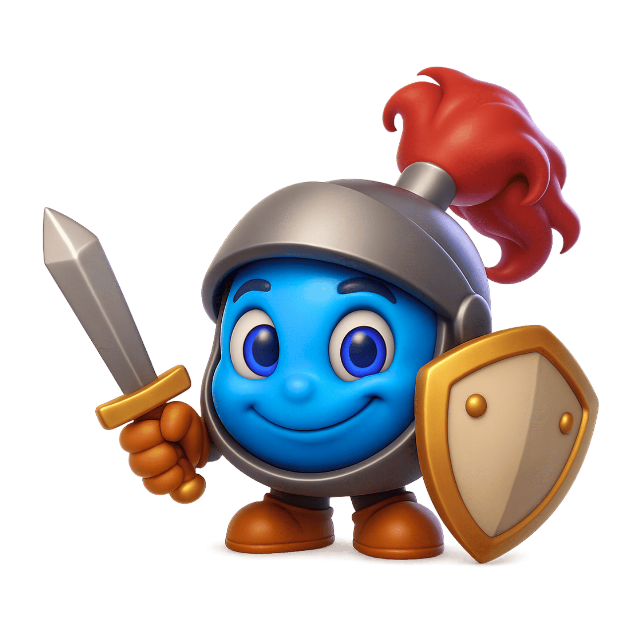 3D knight smiley emoji with blue face, holding sword and shield in armor suit