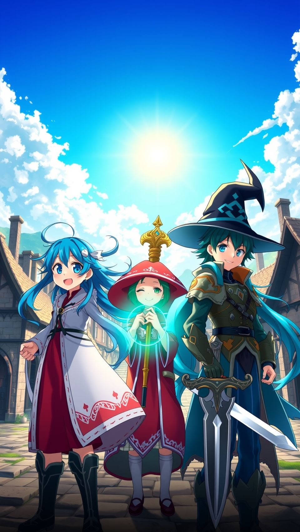 KonoSuba anime wallpaper featuring Aqua, Megumin, and Kazuma in fantasy setting