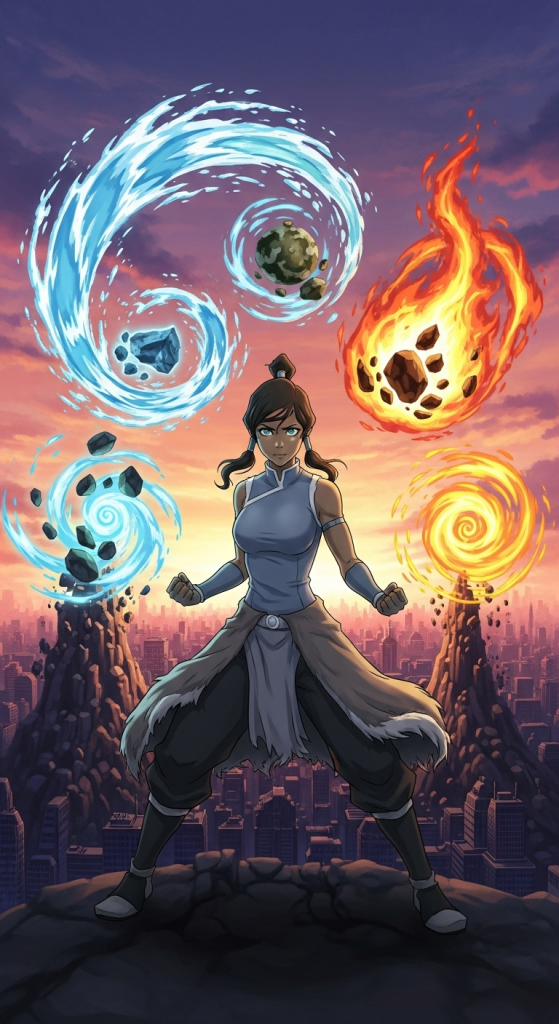 Korra from Avatar: The Legend of Korra with elemental powers water, earth, fire, and air.