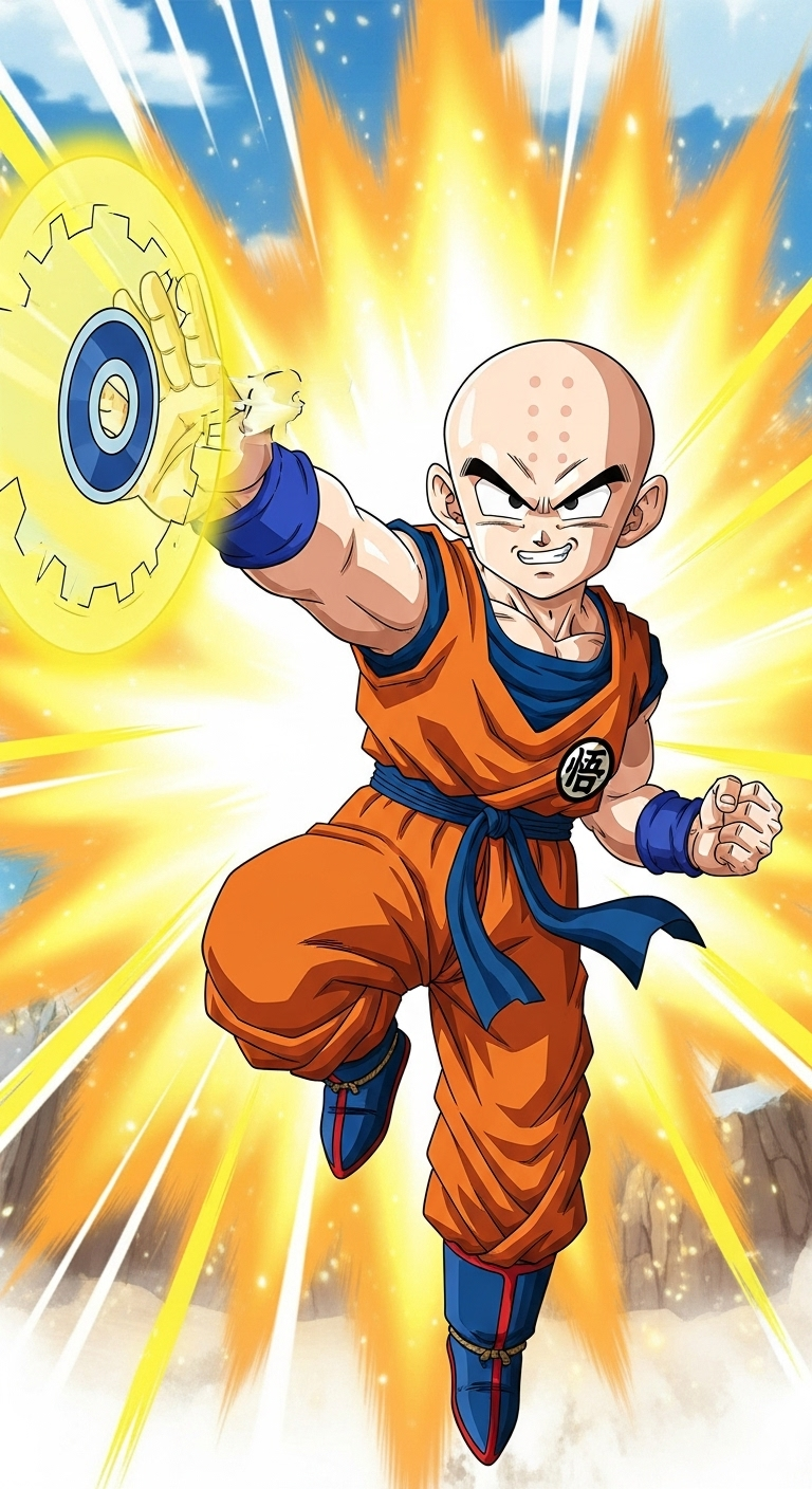 Krillin powerful Dragon Ball Z wallpaper with energy disk attack in HD anime style