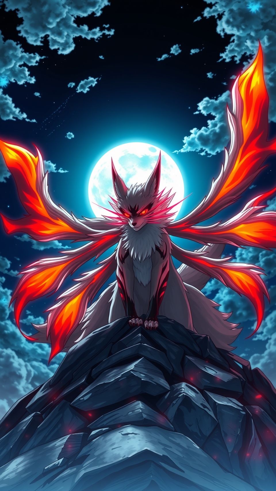 Kurama nine tailed fox anime wallpaper with glowing fiery tails under moonlight