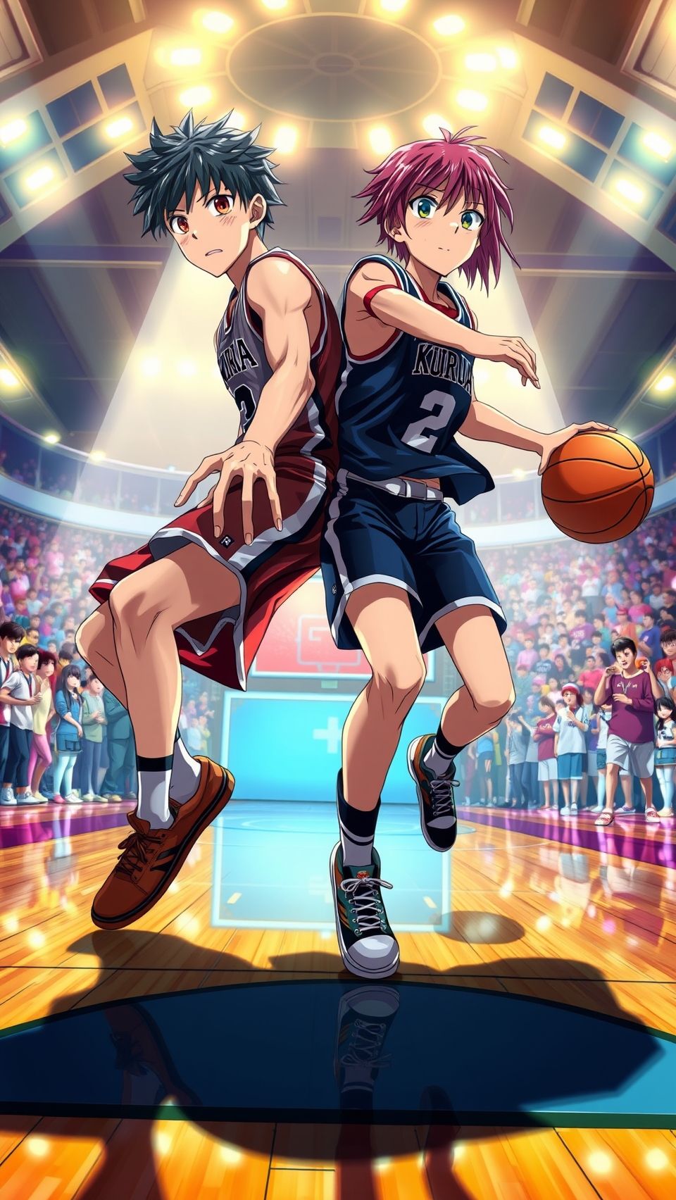 Anime basketball wallpaper featuring Kuroko and Kagami in an intense game scene