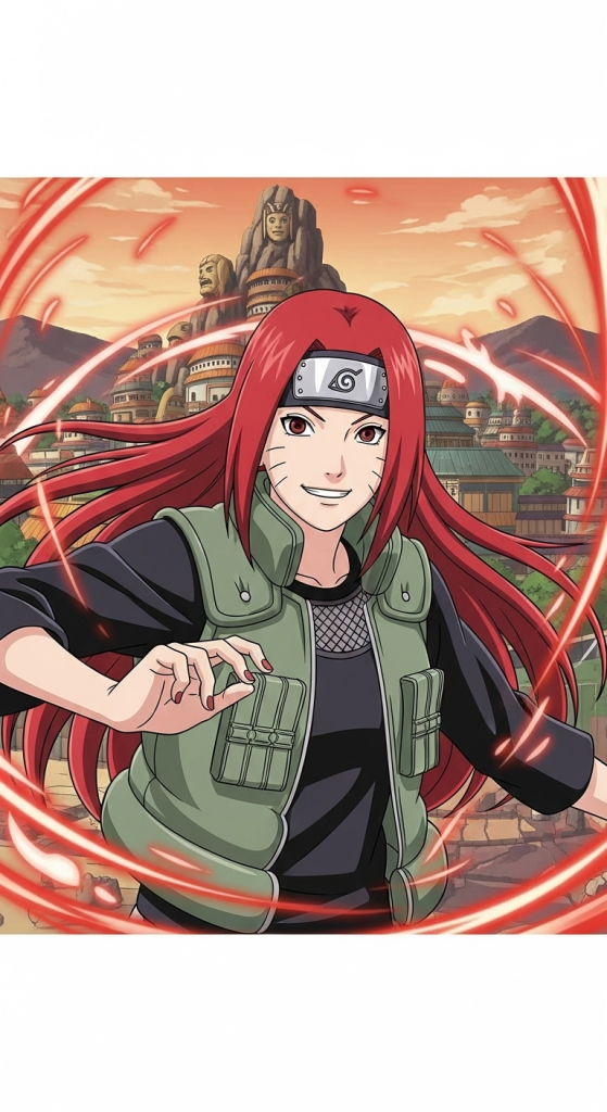 Kushina Uzumaki powerful chakra chains Naruto anime wallpaper with Konoha background