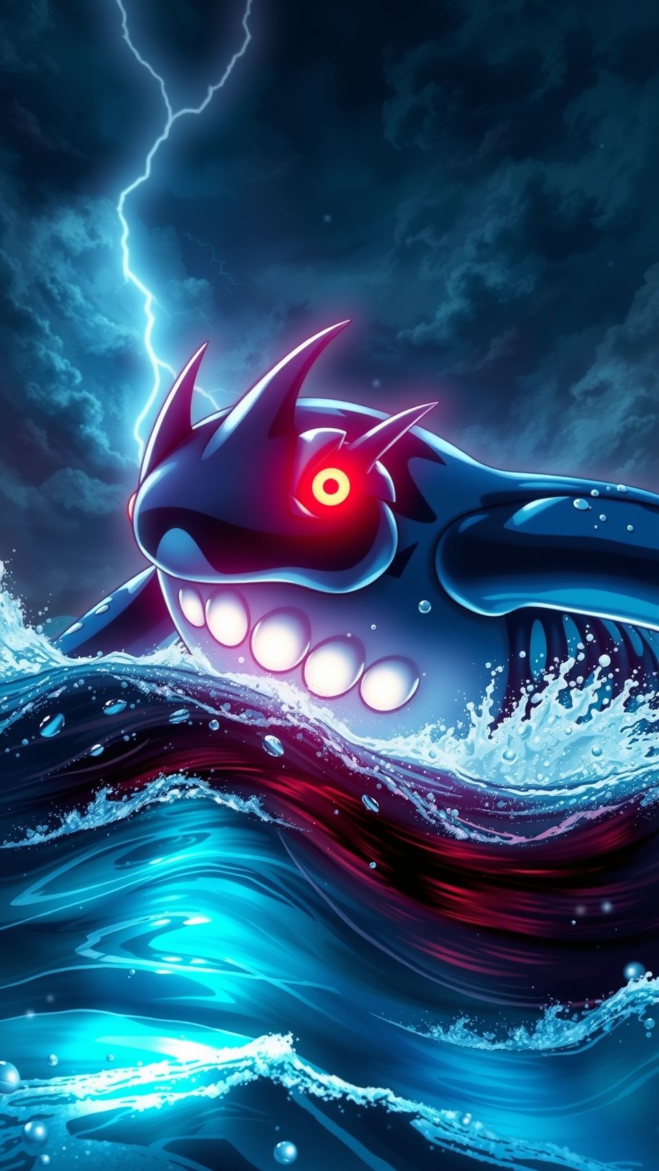 Kyogre legendary Pokémon wallpaper with stormy ocean waves and glowing lightning background