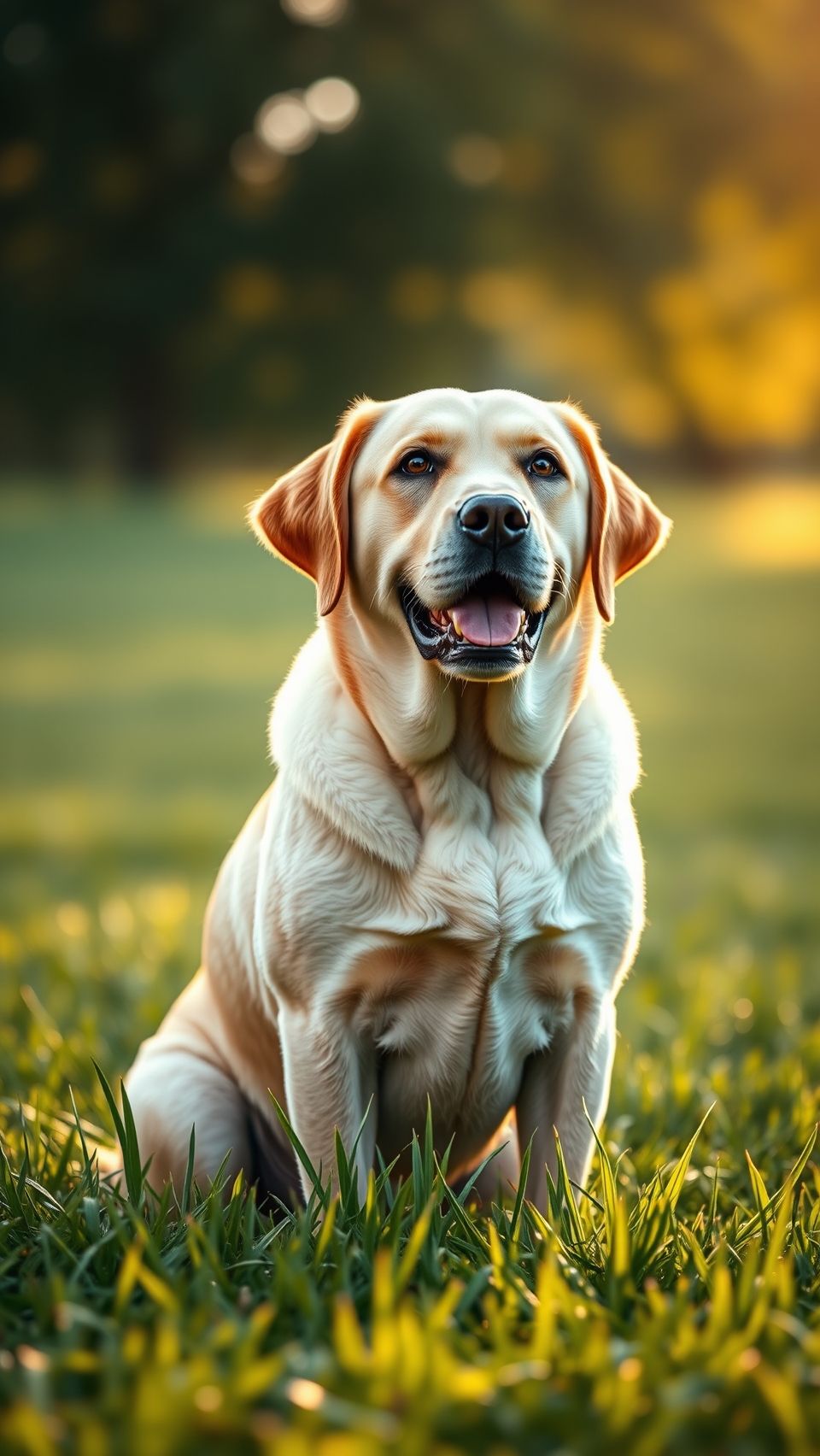 Beautiful Labrador Retriever dog sitting on lush green grass in sunset light