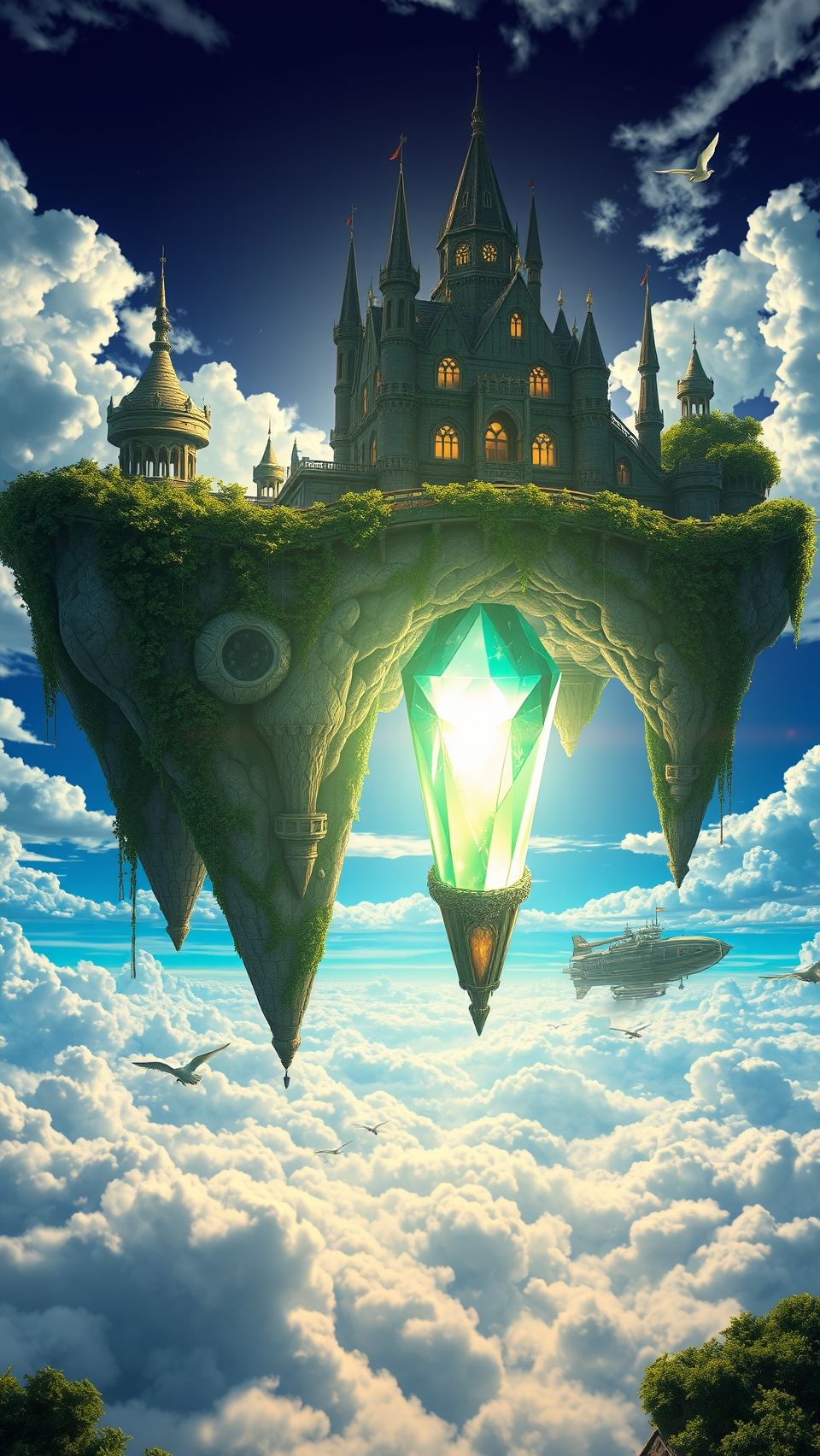 Laputa Castle in the Sky floating island fantasy wallpaper with crystal energy core