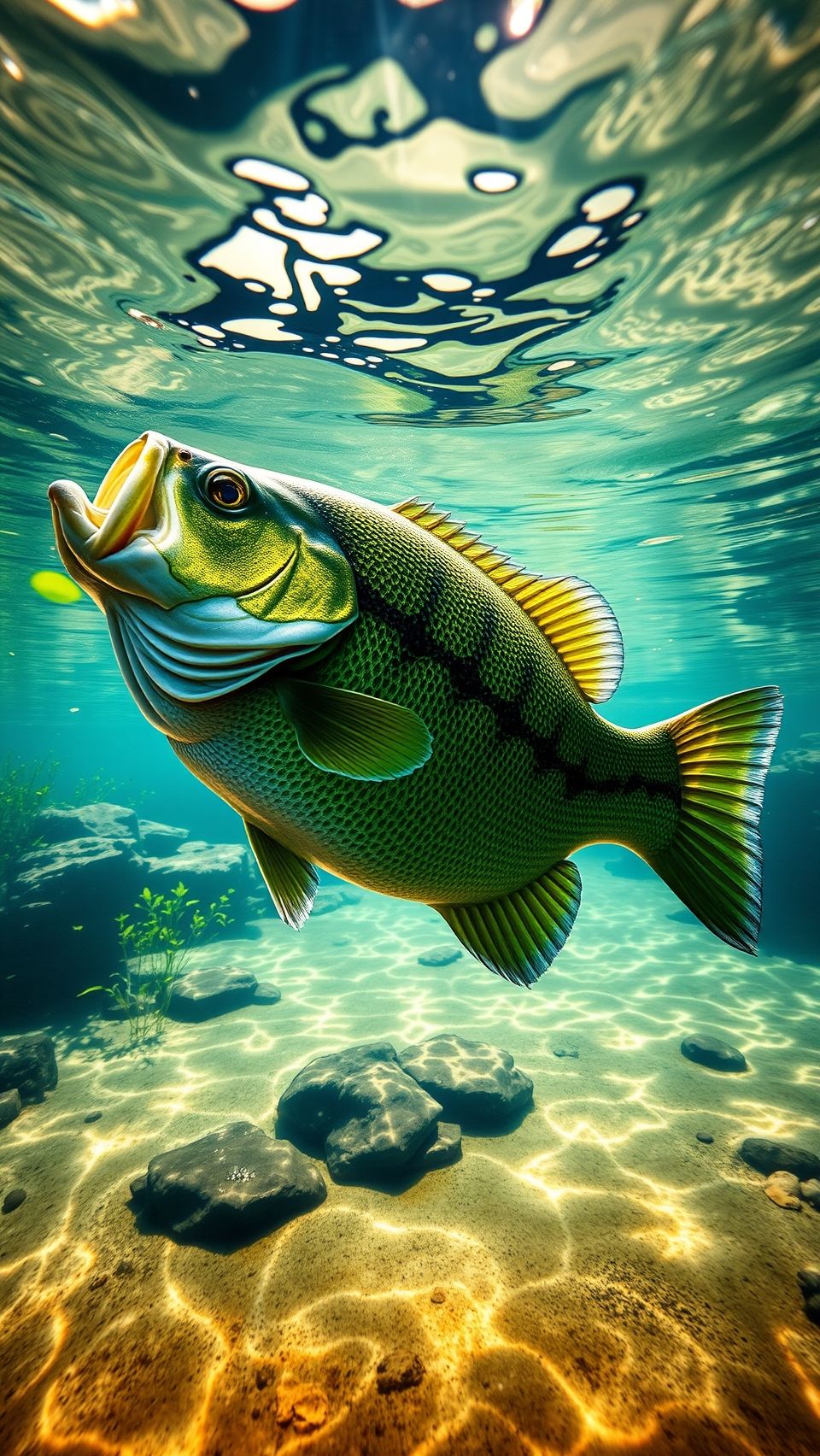 Largemouth bass swimming in clear freshwater with natural underwater lighting.