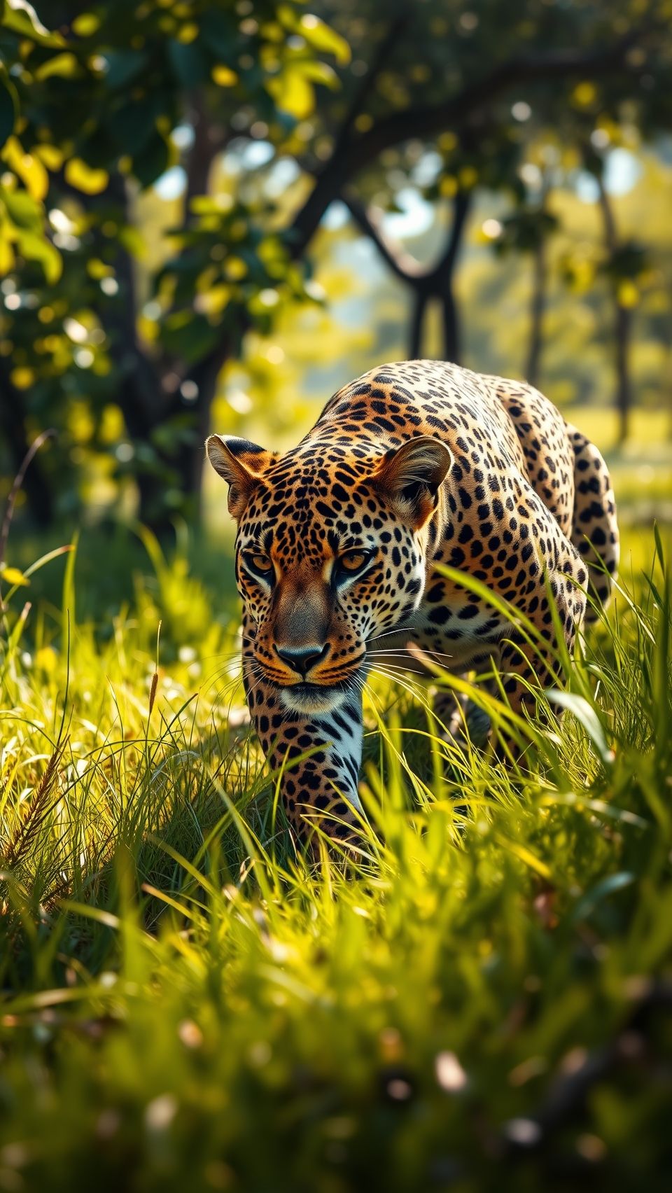 Leopard in its natural habitat, camouflaged in tall grass, hunting in the wild.