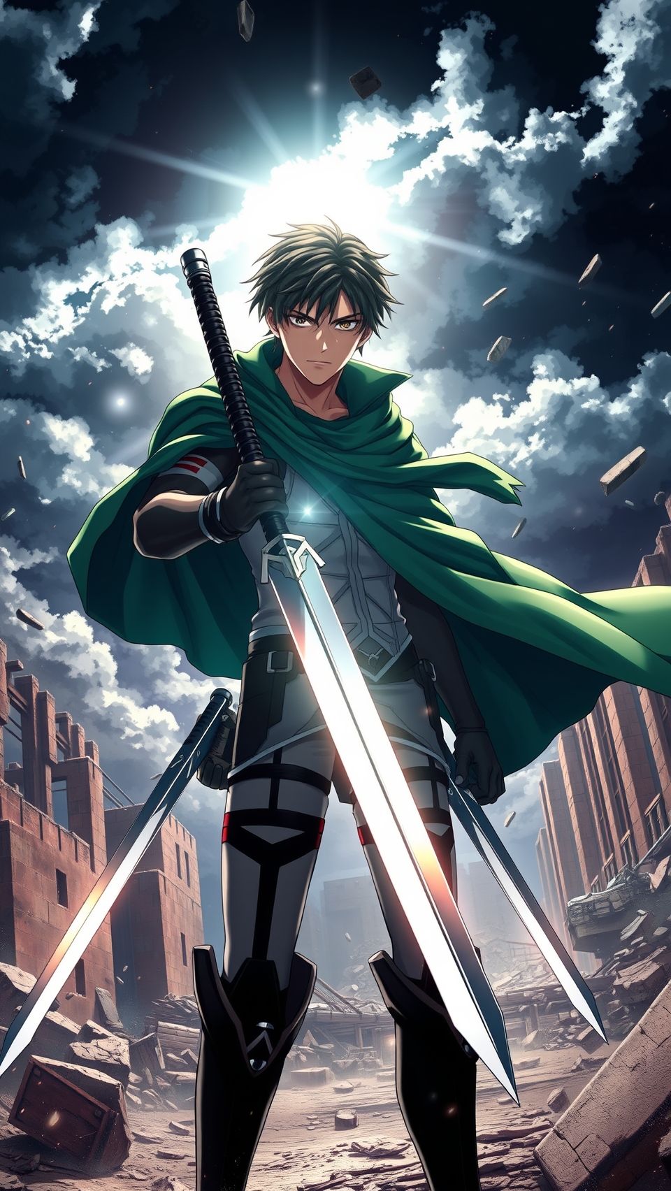 Levi Ackerman anime warrior standing strong with dual swords in dramatic battlefield