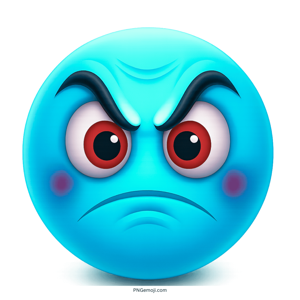 Light blue angry emoji face with red eyes and angry frown
