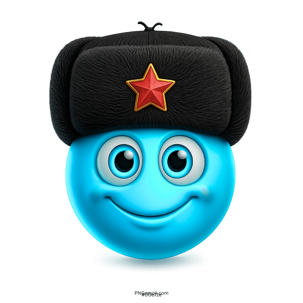 Light blue smiling emoji wearing black fur hat with red star symbol