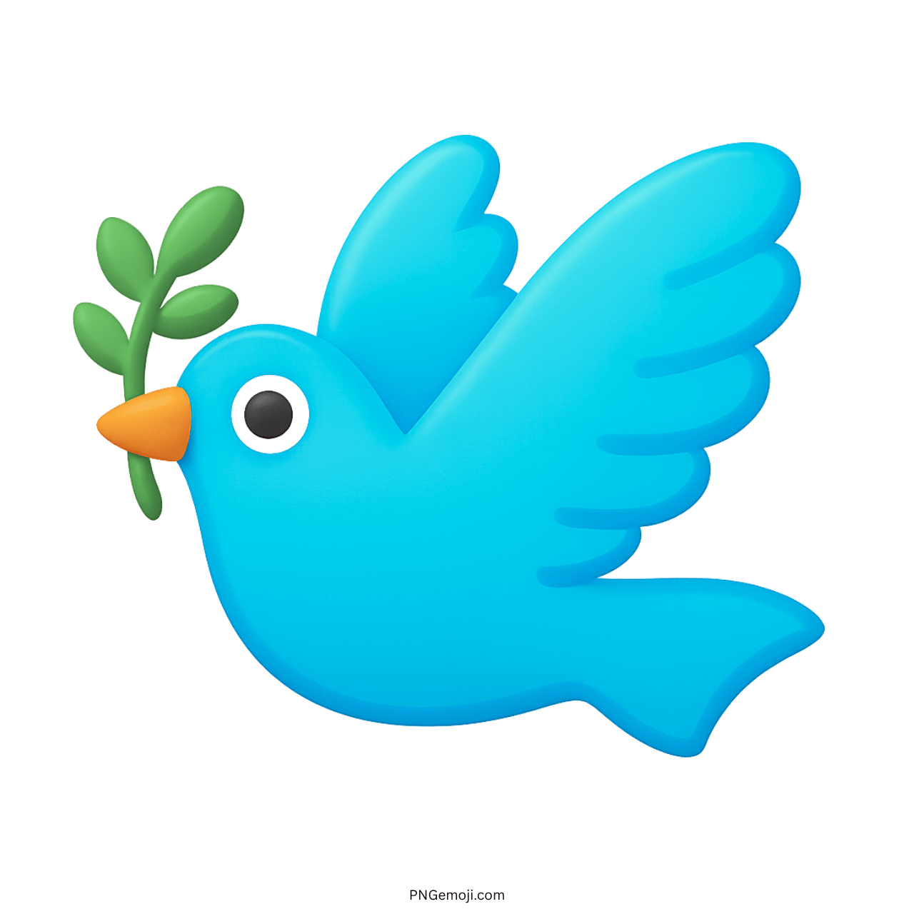 3D light blue dove emoji flying with olive branch representing calm, peace, and harmony.