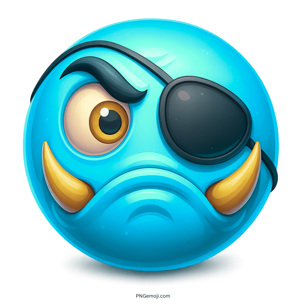 Light blue monster emoji with eye patch and tusks angry pirate face