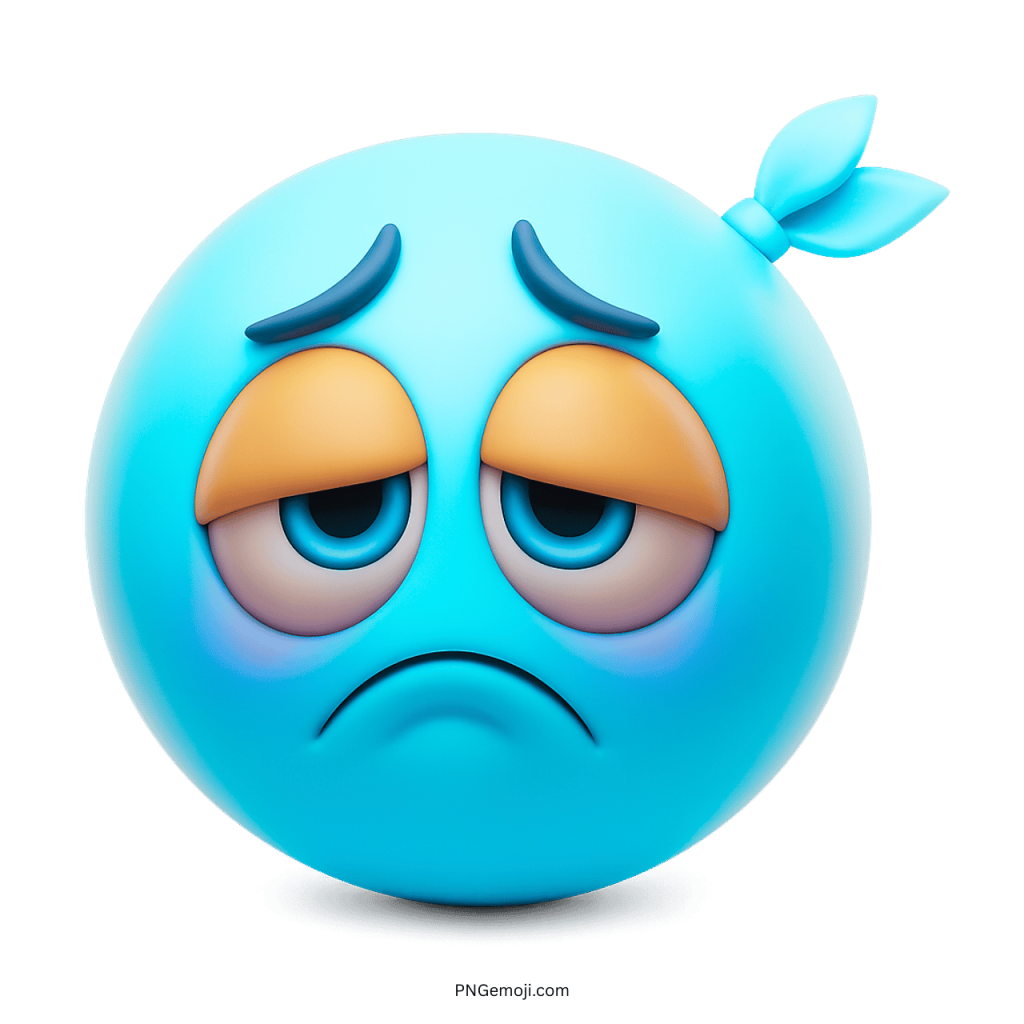 Light blue sad emoji with droopy tired eyes and sick face