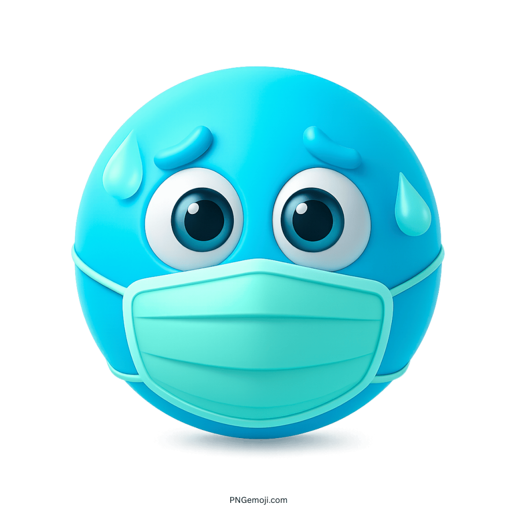 Light blue sick emoji wearing a medical mask with sweat drops showing stress and illness