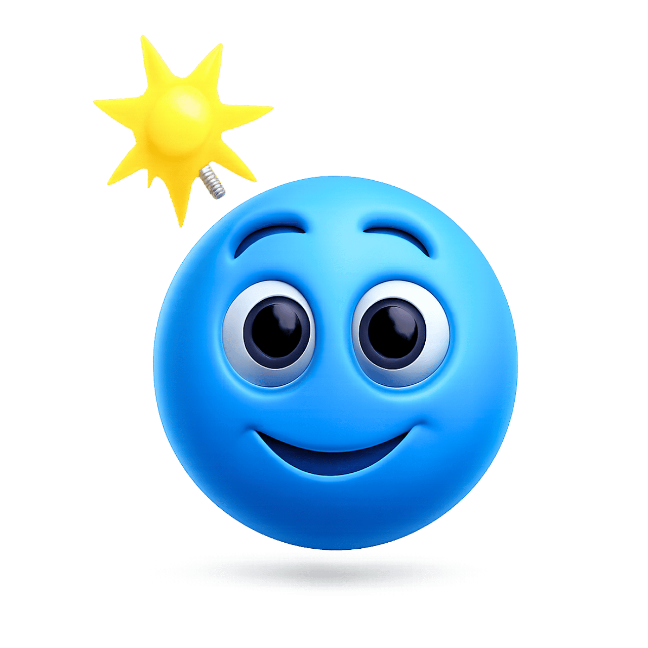 Blue emoji with big eyes and a bomb fuse above it representing an idea explosion