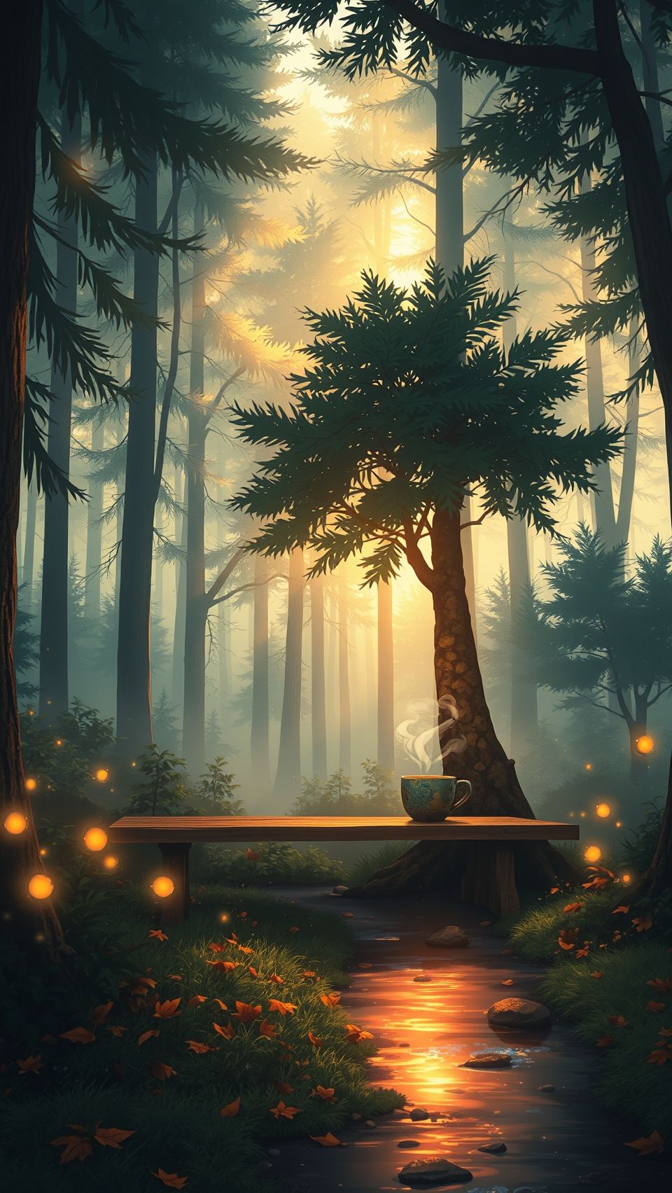 Lofi forest wallpaper with glowing fireflies, peaceful stream, and warm sunset light