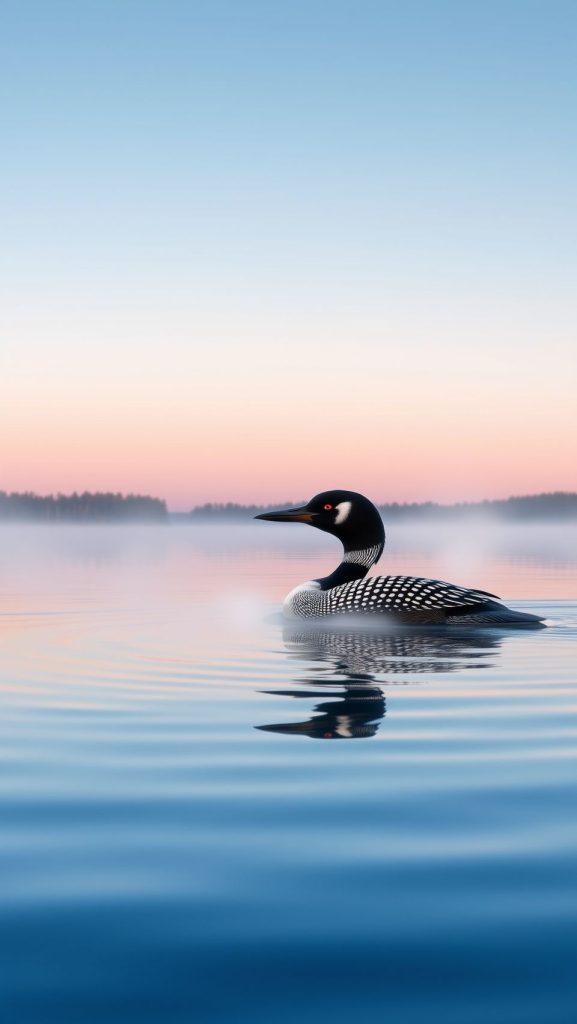 Loon bird swimming gracefully in a calm, clear lake at sunrise.
