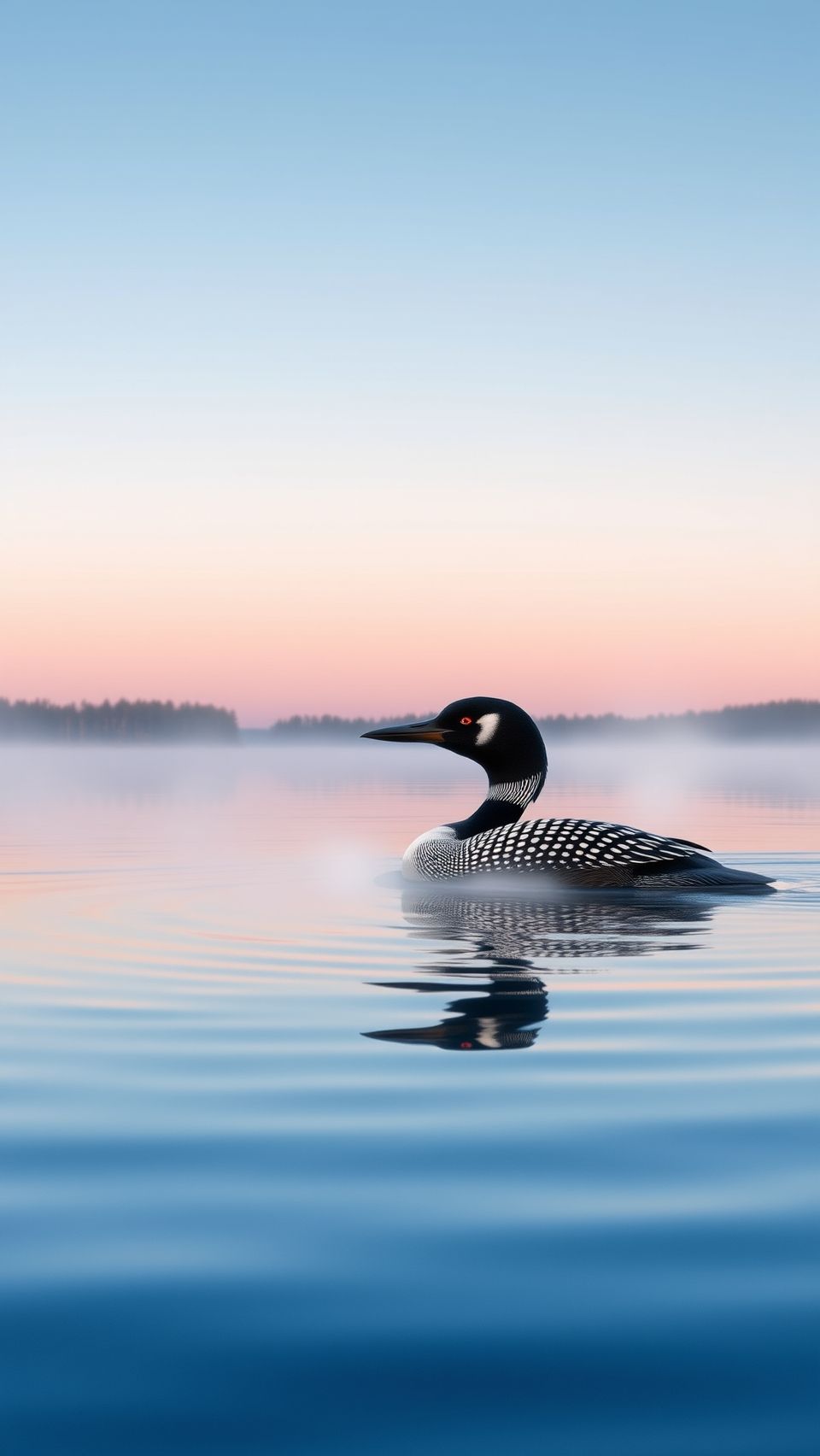 Loon bird swimming gracefully in a calm, clear lake at sunrise.