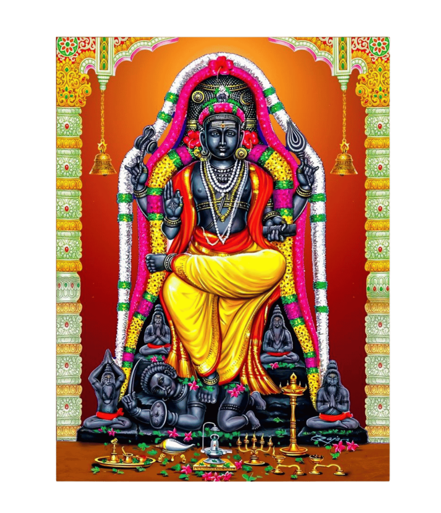 Lord Ayyappa seated in temple sanctum adorned with ornaments, garlands, and lamps