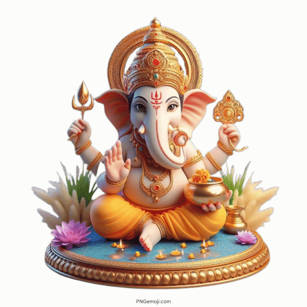 Lord Ganesha sitting on golden throne with lotus and ornaments PNG
