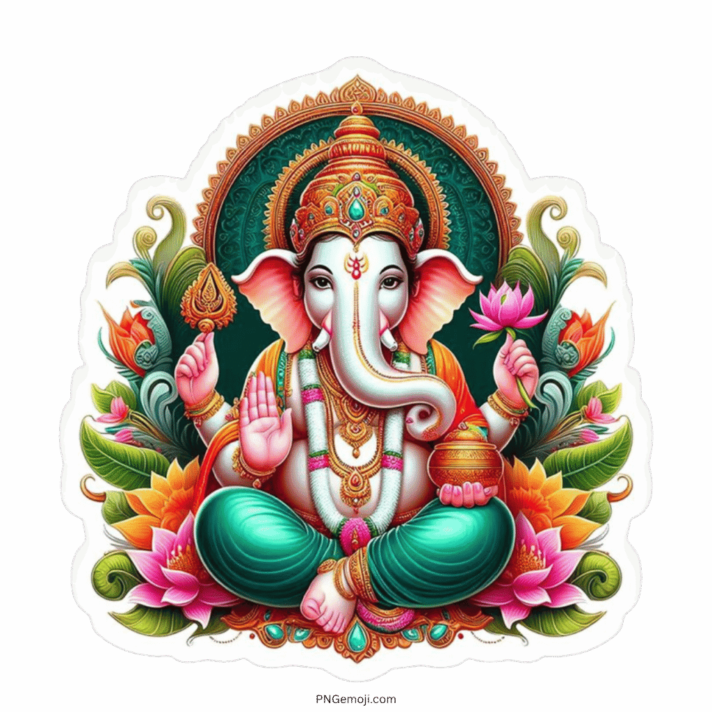 Lord Ganesha Hindu deity clipart with lotus flowers in transparent PNG format