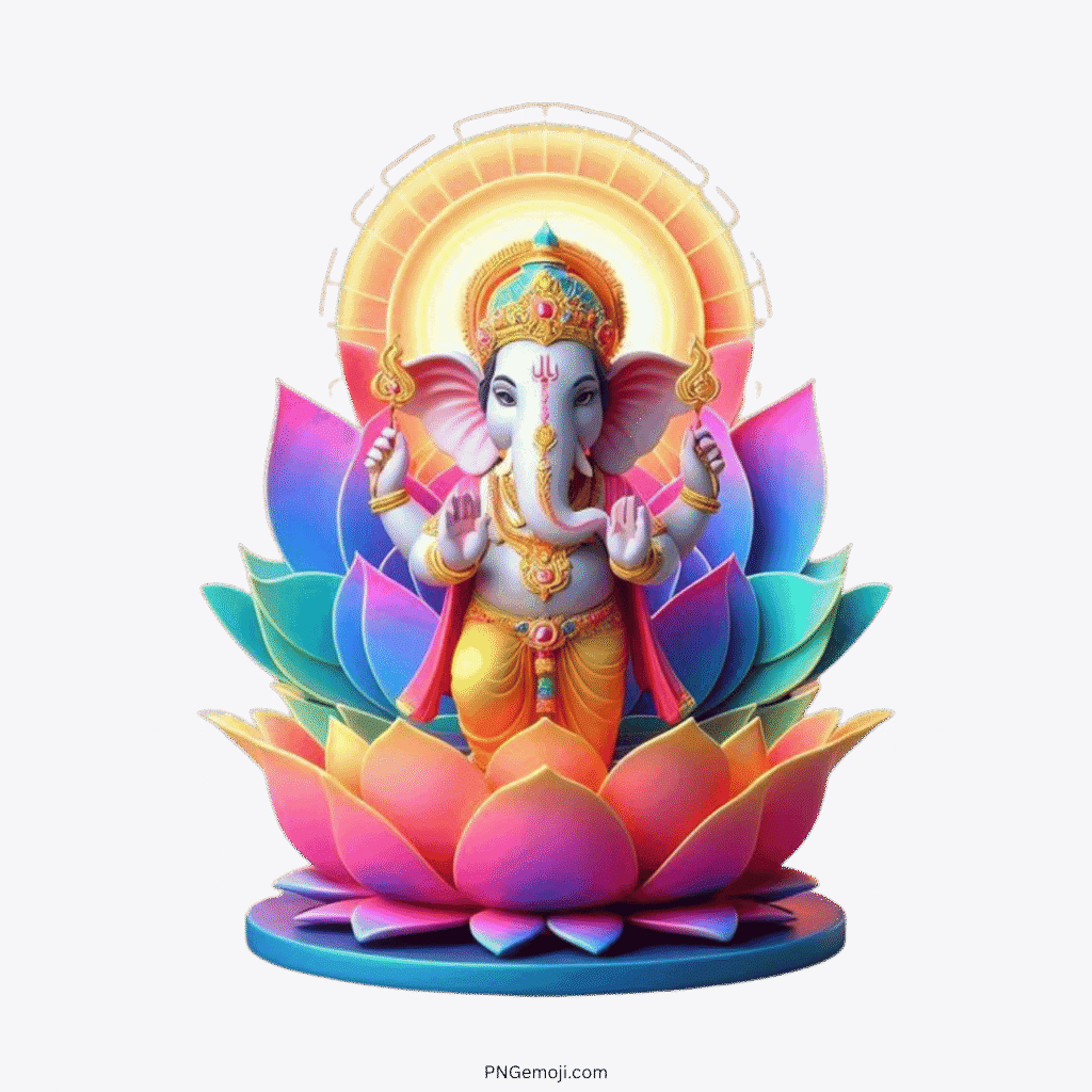 Lord Ganesha sitting on colorful lotus flower with divine aura PNG