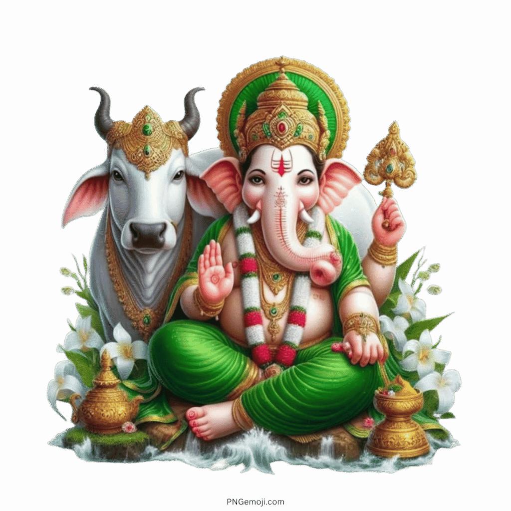 Lord Ganesha sitting with holy cow and ornaments in PNG clipart