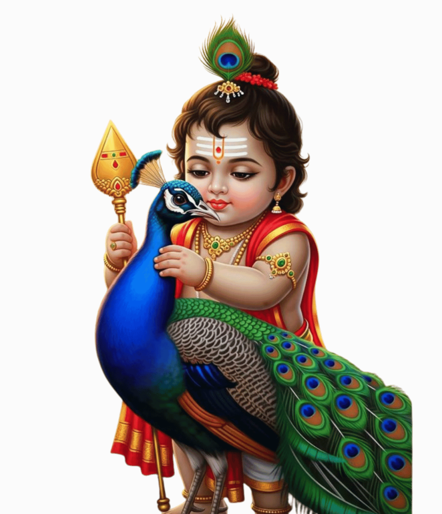 Divine child Lord Murugan holding Vel and peacock in beautiful Hindu artwork